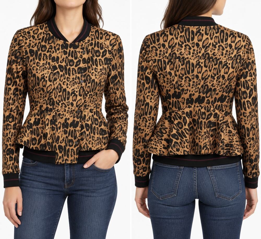 Trouvé Women's Cheetah Leopard Peplum Moto Bomber Jacket XS Animal Print Fall